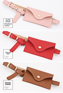Detail view of mini PU leather waist bags in pink, red, and camel colors with gold buckles