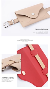 Detail view of stylish beige and red PU leather waist bags with elegant metal buckles