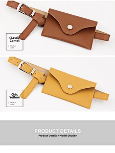 Close-up of brown and yellow leather waist bags with silver snap fasteners and adjustable straps