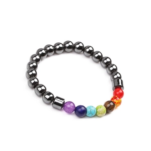 Detailed view of black hematite beaded bracelet with seven colorful chakra stones on white background