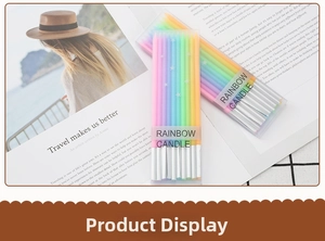 Rainbow gradient candles with white stars and silver holders in clear packaging