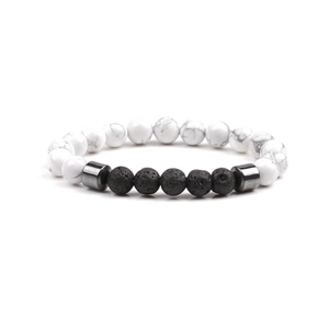 Elastic beaded bracelet with white turquoise marble beads and black lava stones