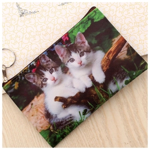 Detail of cute cat print coin purse with secure zipper closure and metal keychain ring
