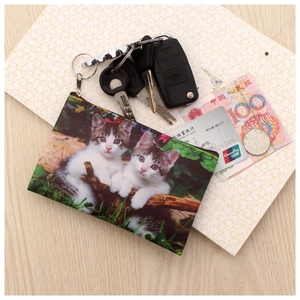 Cat print coin purse showing internal capacity with keys and cards inside