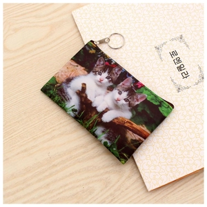 Close-up of cat print coin purse with silver zipper and ring on a wooden table