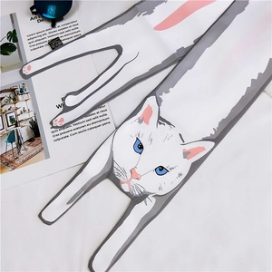Detail showing cartoon cat illustration on long silk scarf with blue sunglasses on top