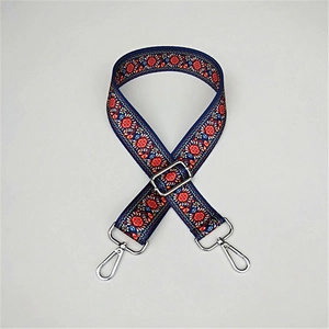 Ethnic style dark blue replacement bag strap with bohemian floral print and silver clips