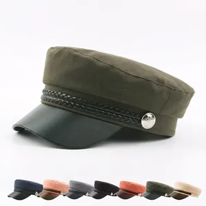 Retro Women Navy Cap PU Leather Brim Cotton Linen Newsboy Hat Flat Top Braided Rope Metal Button Outdoor Sailor Fiddler Cap