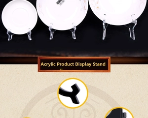 Detailed view of clear and black acrylic easel stands for plates and display frames