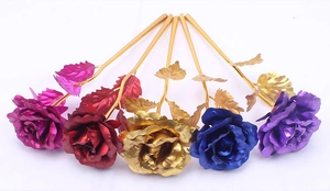 Five assorted gold foil roses in red, gold, blue, and purple with metallic golden stems