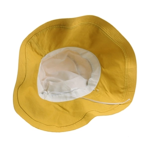 Breathable yellow wide-brim sun hat with adjustable windproof cord and mesh lining