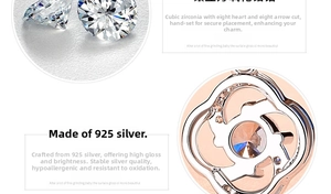 Macro detail of 925 silver four-leaf clover pendant with heart and arrow cut cubic zirconia