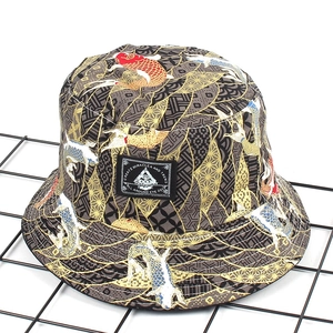 Reversible bucket hat with Ukiyo-e goldfish print and street style embroidered patch