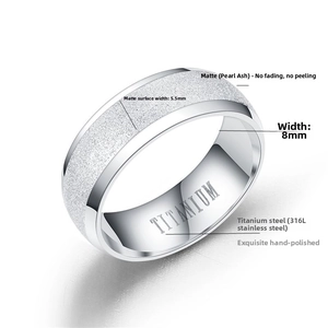 Detailed view of 8mm titanium steel ring featuring 5.5mm frosted surface and engraving