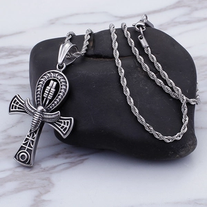 Silver stainless steel Ankh cross necklace with scarab patterns on black stones