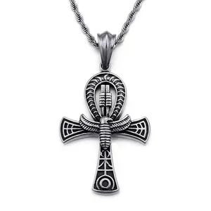 Ancient Egyptian Ankh Cross Pendant Stainless Steel Life Symbol Engraved Retro Amulet Jewelry For Men Women