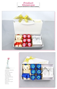 Preserved rose soap flower gift box set with teddy bear and elegant silver jewelry case