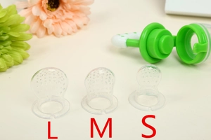 Detailed comparison of S, M, and L sizes for silicone baby food feeder nipples in green