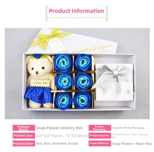 Preserved soap flower gift box with blue roses, teddy bear, and jewelry compartment