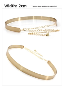 Detailed view of 2cm wide gold metal plate belt with adjustable 50cm chain link