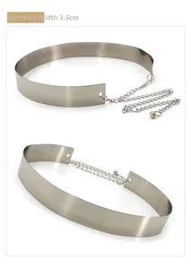 Close-up of a 3.5cm wide polished silver metal waist belt with adjustable link chain