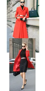 Detail of elegant gold metal waist belt on a red wool coat with tailored fit
