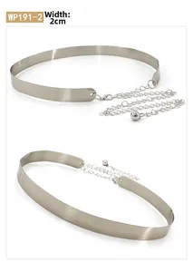 Detail view of 2cm wide silver metal plate belt for dresses with ball pendant chain