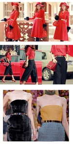 Polished metal mirror waist belt in gold and silver finish shown on various outfits