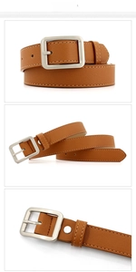 Detailed views of a brown leather belt with a matte silver square pin buckle