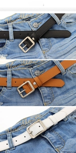 Detailed view of black, brown, and white slim leather belts with silver square metal buckles