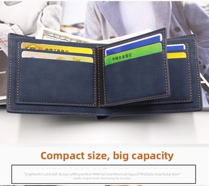 Detalle de billetera de cuero azul para hombre con ranuras para tarjetas y gran capacidad