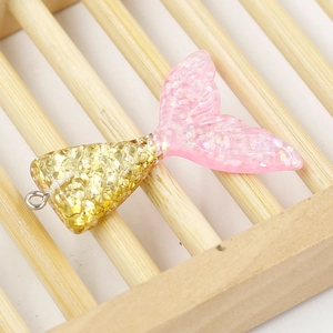 Pink and gold gradient mermaid tail resin pendant with glitter and metal ring