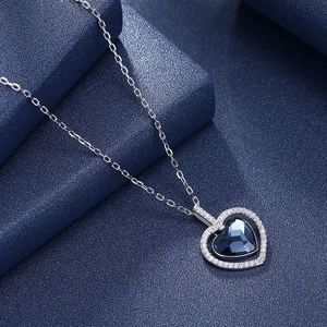 S925 sterling silver necklace with heart-shaped blue crystal pendant and pavé diamonds