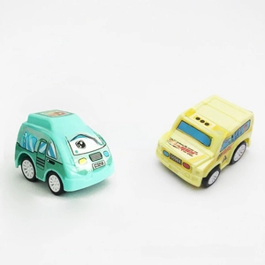 Detailed view of mini cartoon friction toy cars including a mint green fast food bus and yellow SUV