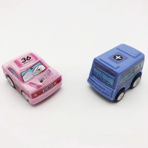 Detail of pink cartoon race car and blue airport bus toy with mini size and cute design