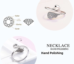 Detail view of adjustable swan ring with zircon stones and polished 925 silver finish