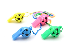 Colorful soccer-shaped plastic whistles with lanyards in yellow, pink, blue, and green