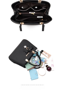 Interior structure of black PU leather handbag showing compartments and storage capacity
