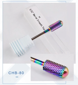Macro detail of CHB-80 rainbow nail drill bit with 3/32 inch barrel smooth top and medium grit