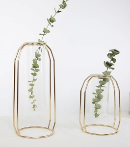 Detail of two gold metal test tube vases with clear glass inserts in different heights