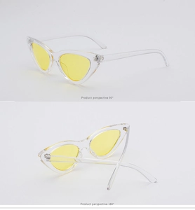 Detailed side views of trendy cat-eye sunglasses with yellow lenses and clear frames
