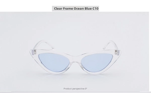 Front view of cat-eye sunglasses with transparent white frames and sea blue lenses