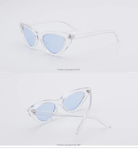 Detail view of transparent blue cat eye sunglasses showing temple specs and frame