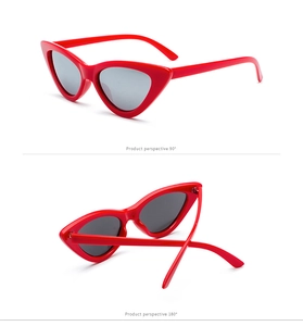 Detailed views of red cat-eye sunglasses showing 90-degree side and 180-degree top perspectives