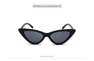 Detail of matte black triangle cat eye sunglasses with grey lenses, model C12
