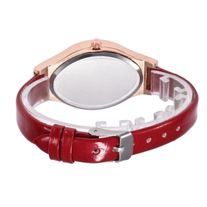 Women's creative oval quartz watch with red leather strap and rose gold metal case