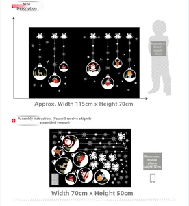 Christmas crystal ball wall sticker size guide showing layout and dimensions 115x70cm