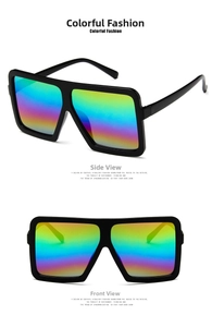 Oversized square sunglasses with glossy black frames and rainbow mirror lenses in two views