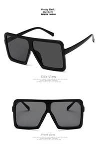 Front and side view of square oversized hip hop sunglasses with glossy black frames