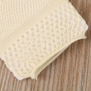 Elastic beige fishnet gloves with hollow diamond mesh pattern for bridal or dance wear